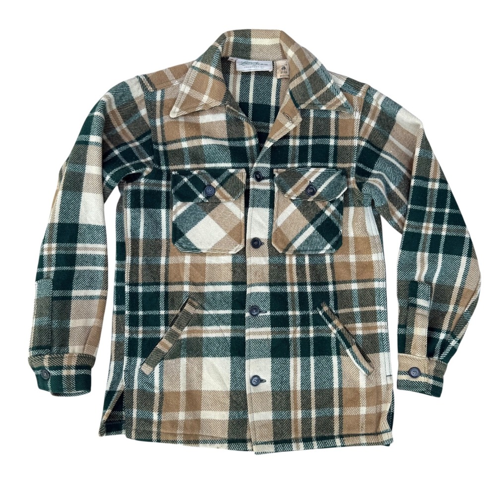 Vintage LL Bean Wool Blend‎ Flannel Plaid Shirt Jacket Mens Small Green Tan
